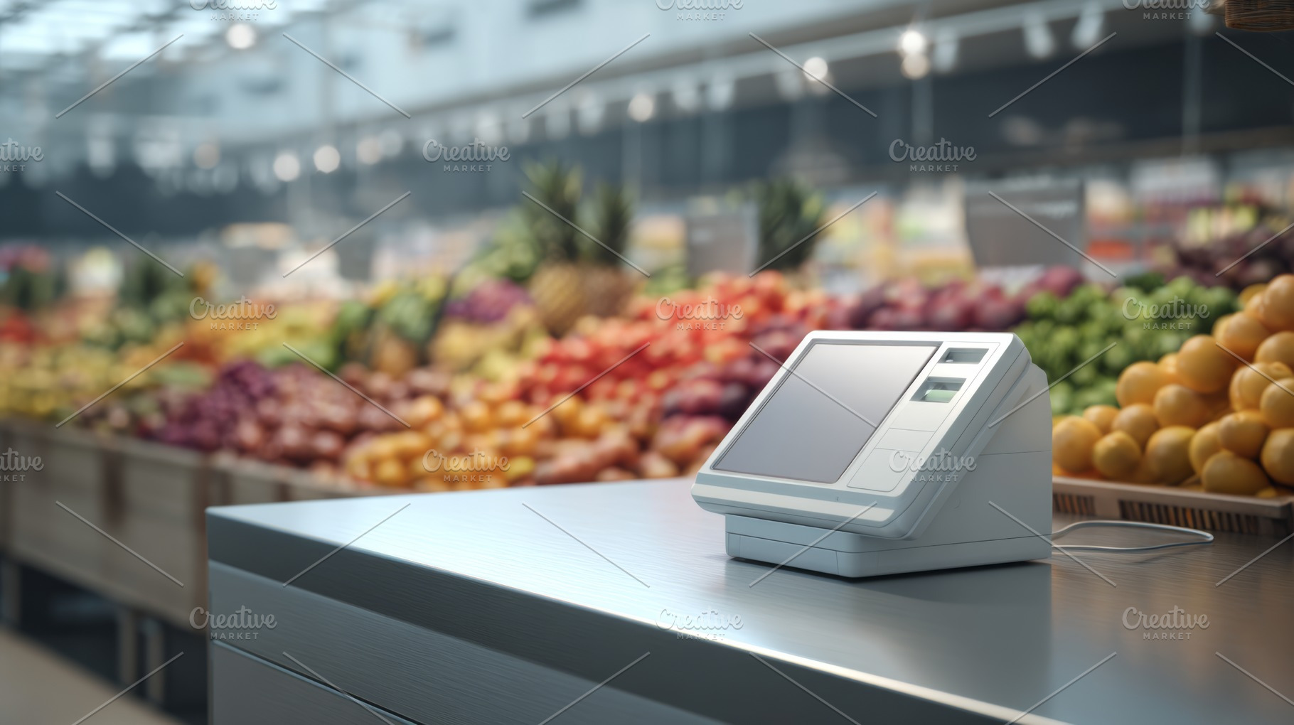 A sleek, modern self-service checkout kiosk in a vibrant supermarket filled wit, a Business Photo by ImageMir