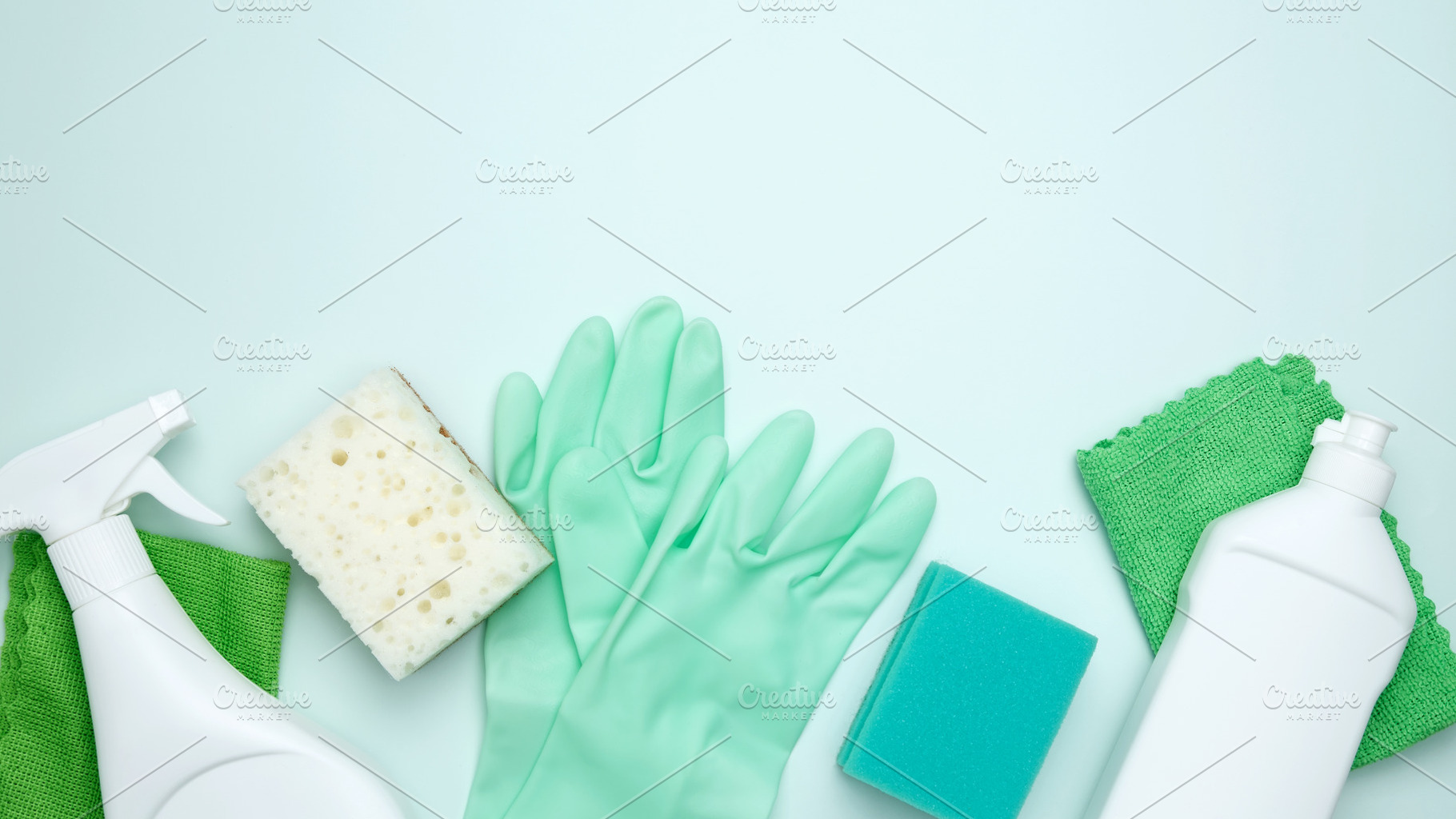 Concept of cleanliness and hygiene. Cleaning supplies and tools, including bott, a Photo by matucha