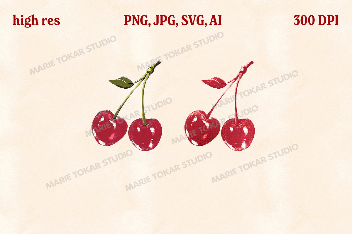 Retro Cherry Illustrations PNG & SVG, an Object Graphic by Marie T (Photo 7 of 12)
