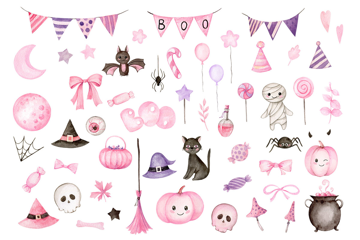 Pink Halloween Watercolor Clipart, a Decorative Illustration by Elena Medvedeva (Photo 4 of 7)