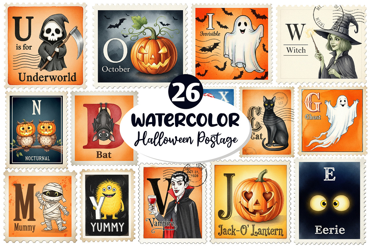 Halloween Postage Alphabet Clipart, an Illustration by Dream Creation (Photo 1 of 6)