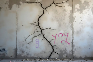 Cracked cement wall with graffiti fr, a Photo by LOGOCREATIVE