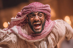 Expressive arabian man feeling euphoric while expressing joy in a vibrant setti, a Person Photo by AS photostudio
