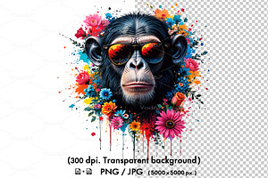 Monkey wear sunglasses and flowers, an Animal Illustration by yod67