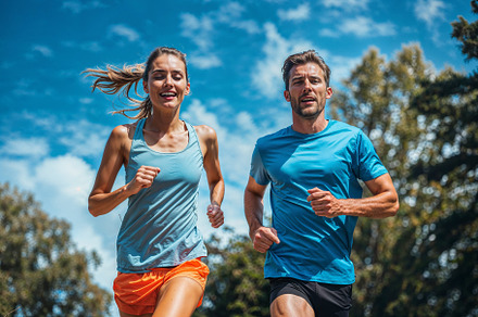 Couple jogging together on a sunny day. Generative AI, a Sports & Recreation Photo by OSORIOartist