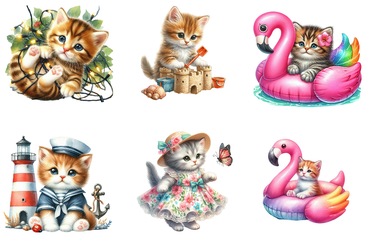 Cute Summer Kittens Clipart Bundle, an Illustration by DreamArtGraphic (Photo 3 of 4)
