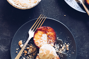Grilled peaches and ice cream stock photo containing peach and grilled