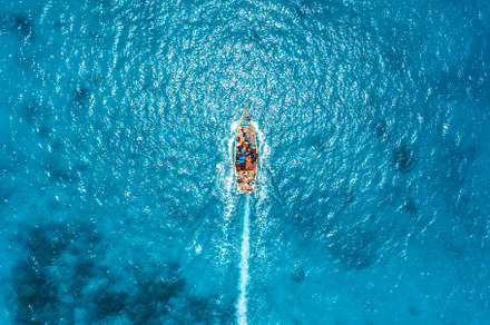 Aerial view of the fishing boat featuring sea, boat, and yacht, a Transportation Photo by den-belitsky
