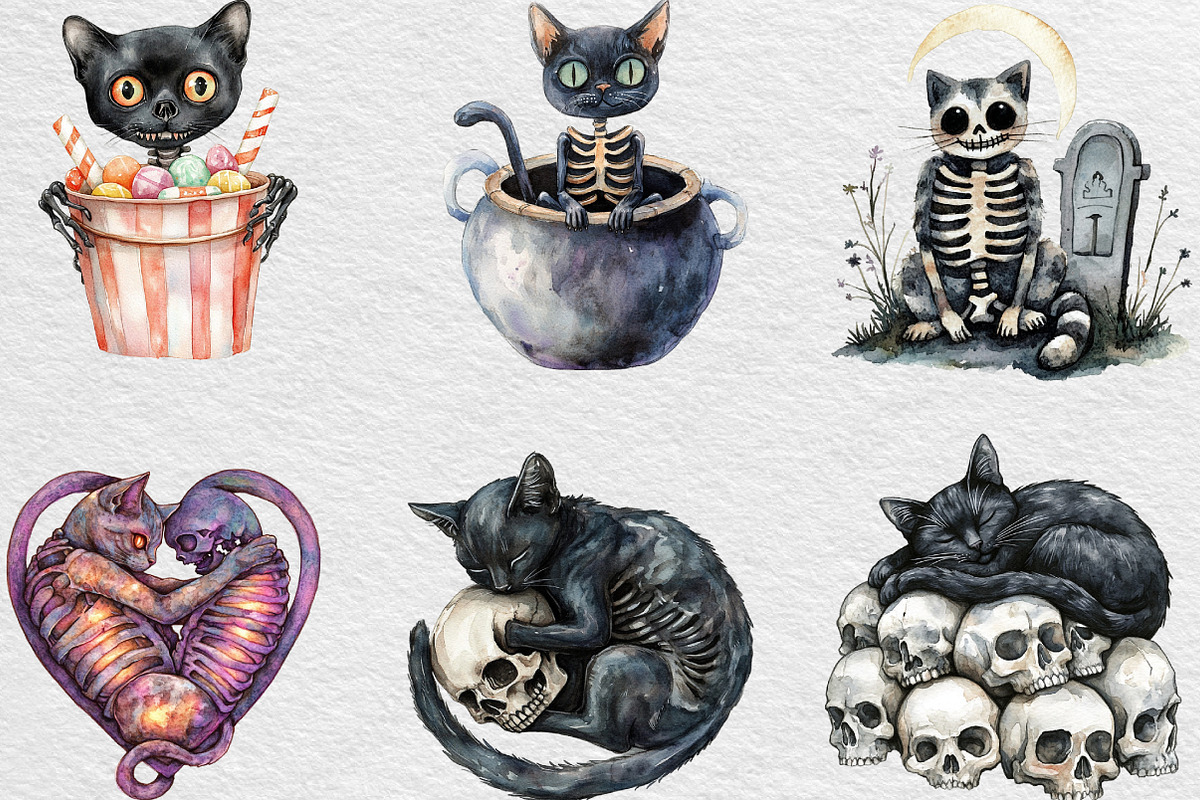 Skeleton Black Cat Clipart, an Illustration by Black Bird Studio (Photo 4 of 6)