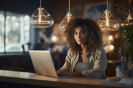 Young woman working on a laptop while sitting at a table, a Person Photo by Antonina Vlasova