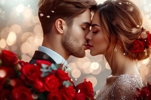 Elegant young couple kissing against bouquet of red roses. Valen, a Holiday Photo by AS photostudio