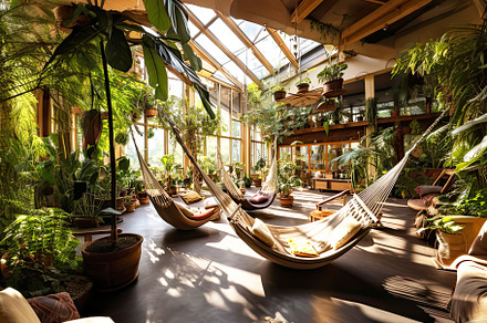 Ecolodge or eco-lodge house interior with green plants, adorned with hammocks a, a Holiday Photo by zakiroff