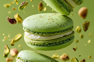 Pistachio Macarons Falling Green Bac, a Photo by Pixeness Studio