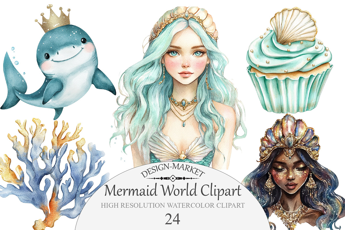 Watercolor Mermaid World Clipart, an Illustration by Design Market (Photo 1 of 3)