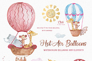 Hot Air Balloons Watercolor Clipart, an Animal Illustration by LeMagiqueBoutique (Thumbnail 2 of 6)