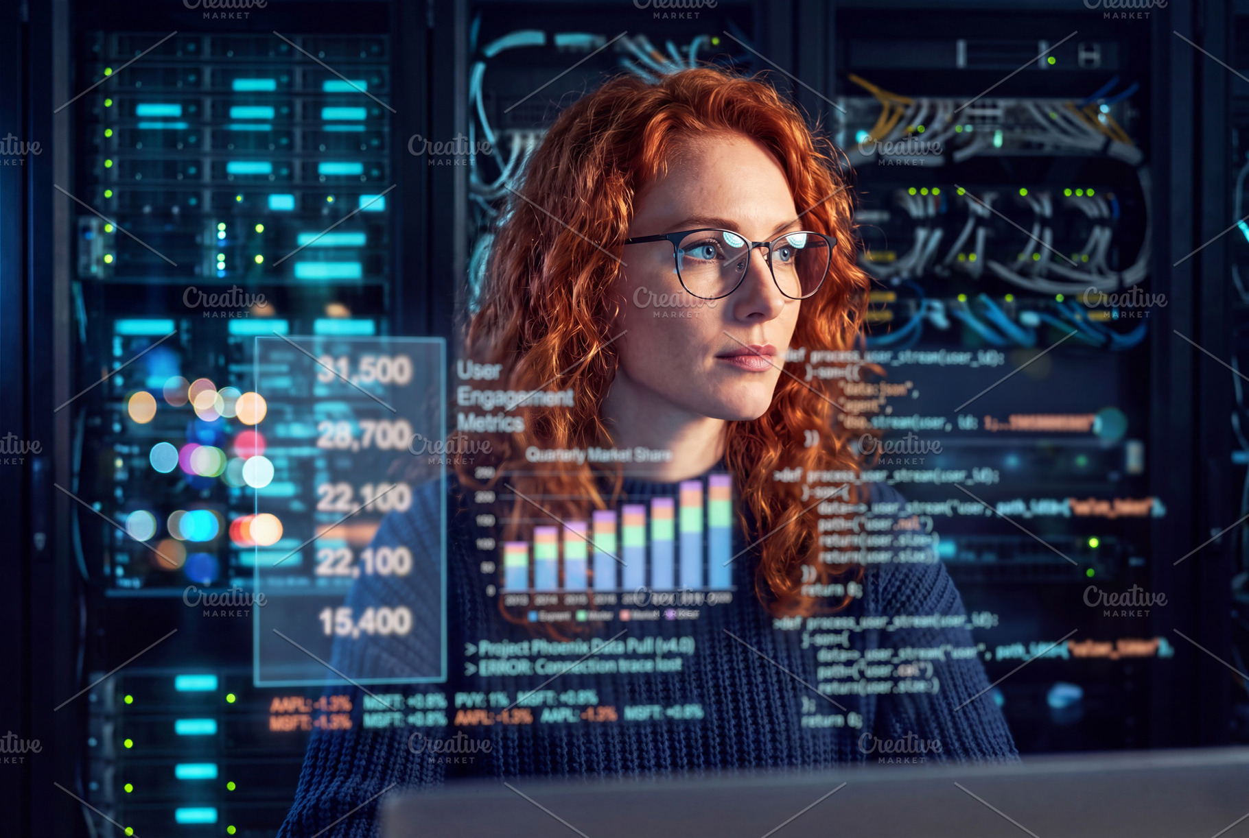 Redhair female IT specialist in glasses operating network server, a Technology Photo by Volff