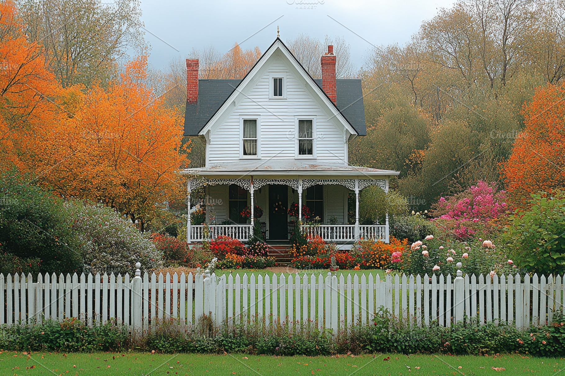Charming white house with colorful a, a Photo by Tanuart