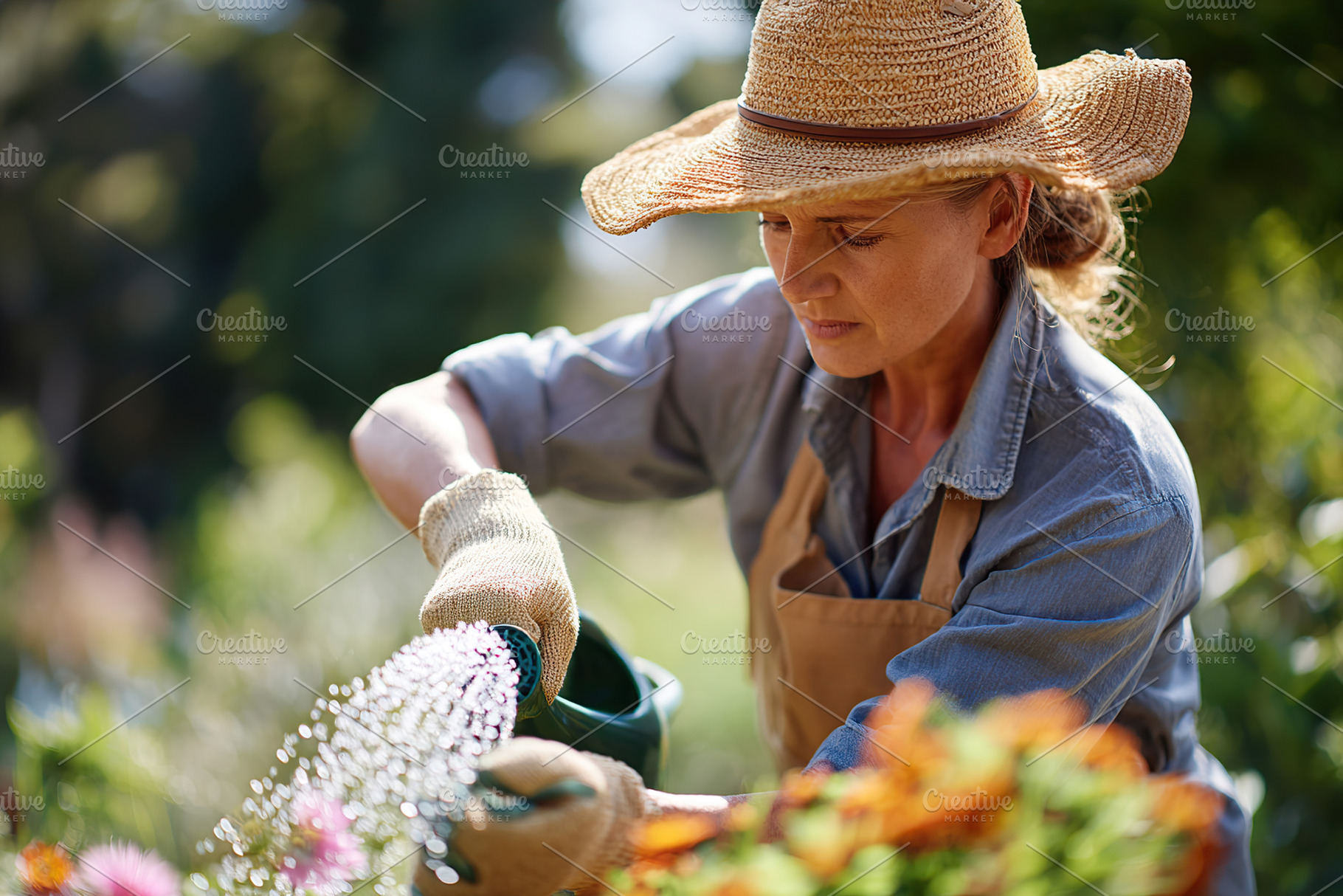 Watering vibrant flowers in a backyard garden under the warm sunlight, a Person Photo by AlyaAnd