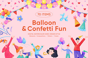 Balloon & Confetti Fun Watercolor, a Seasonal Illustration by CreativeValuation