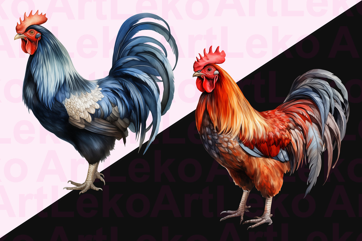 Roosters Clipart, an Animal Illustration by LekoArt (Photo 2 of 10)