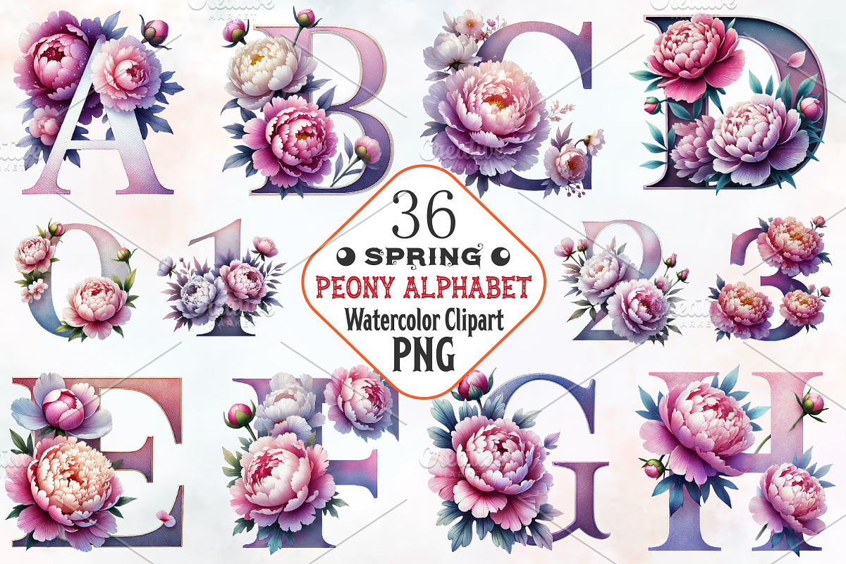 Pastel peony spring Alphabet clipart, an Illustration by RobertsArt (Photo 1 of 7)