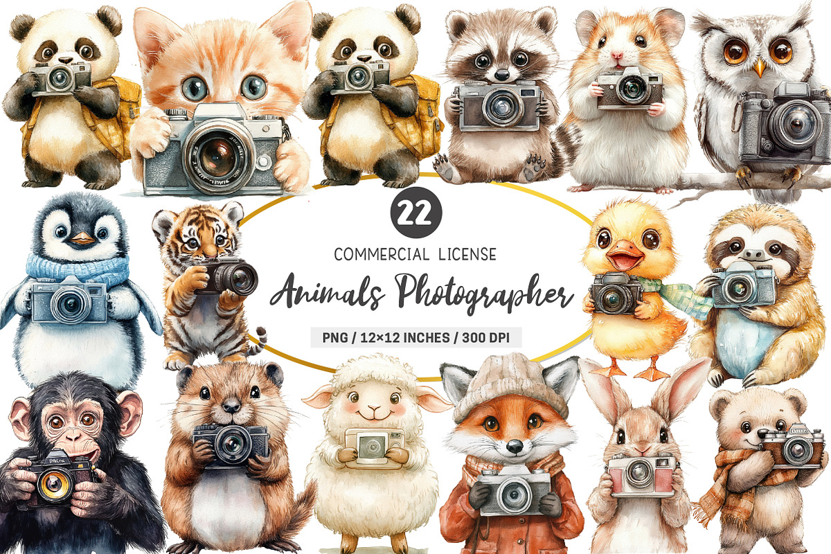 Watercolor Cute Animals Photographer, an Illustration by SinaCreation (Photo 1 of 5)