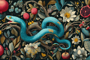 Blue snake with bright flowers, a Photo by Beautiful things