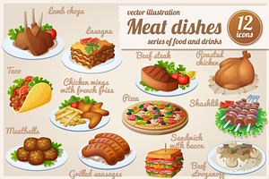 Set of food icons. Meat dishes.
