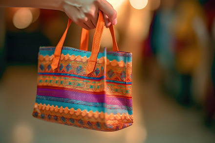 A close - up shot of a person holding a shopping bag with vibran, a Beauty & Fashion Photo by designvectx