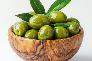Green olives in wooden bowl with lea, a Food & Drink Photo by Pixeness Studio