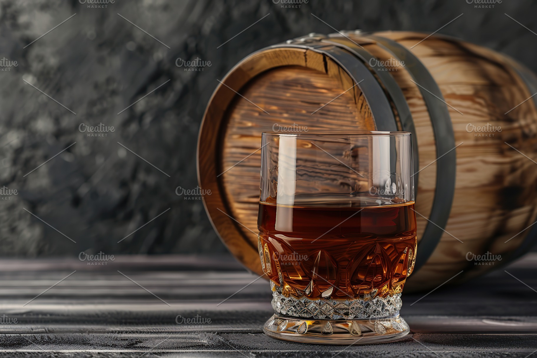 Glass of scotch whiskey and wooden barrel on wooden table, a Food & Drink Photo by AlyaAnd
