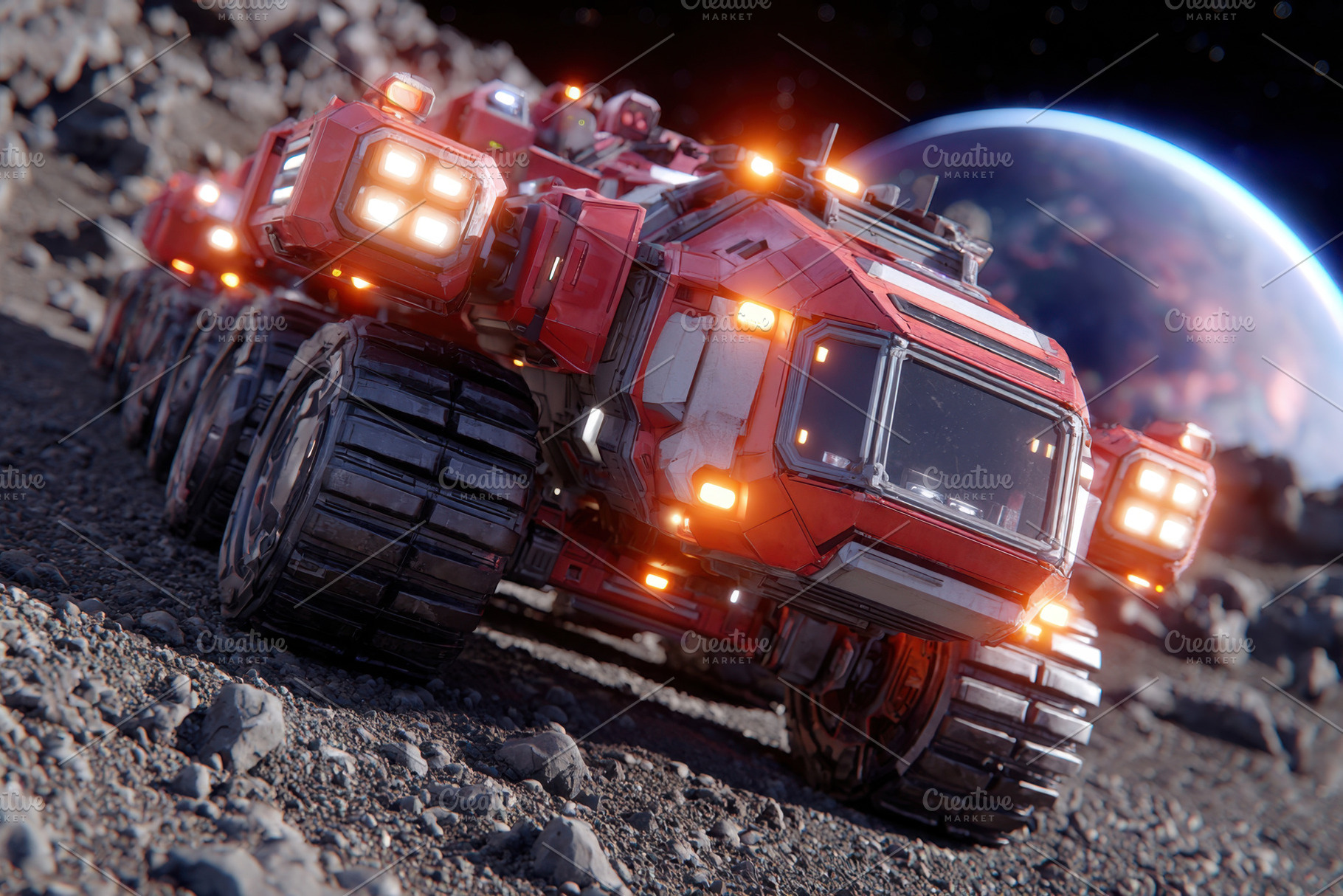 Futuristic red space vehicle on lunar surface, a Technology Photo by AlyaAnd