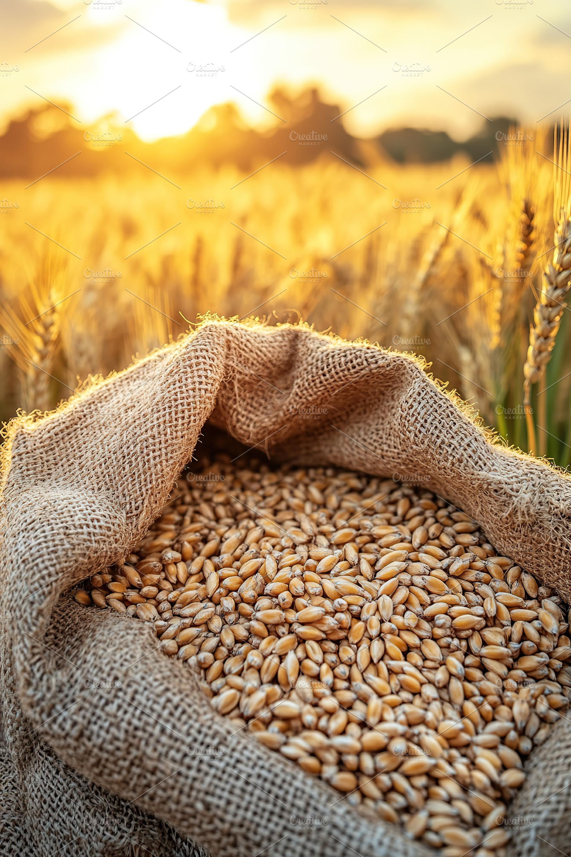 Harvesting golden wheat grains in a vibrant sunset landscape near a wheat field, a Nature Photo by AlyaAnd