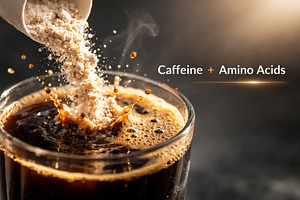 Protein coffee blend with amino acids in steaming cup, suitable, a Photo by Dvoevnore photos