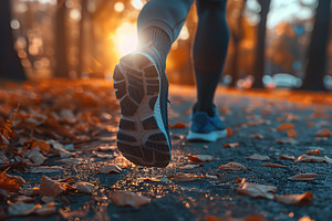 Male feet running in sport shoes on park path, a Photo by AlyaAnd