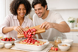 Smiling couple preparing seasonal rh, a Photo by Dvoevnore photos