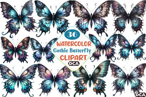 Watercolor Gothic Butterfly Clipart, an Illustration by DreamCafeArt