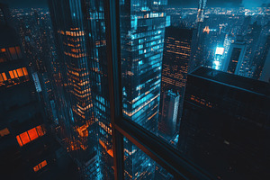 Night view of skyscrapers glowing ci, a Photo by Pixeness Studio