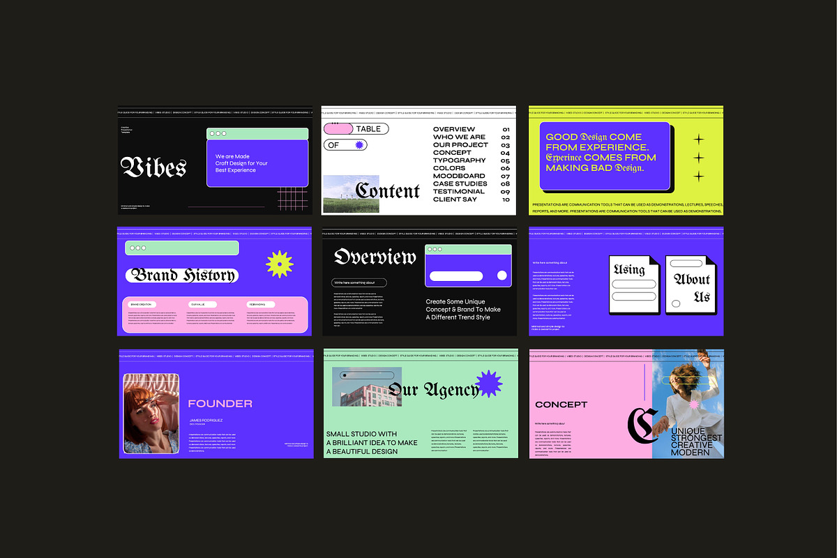 VIBES Neo Gothic Brand Google Slides, a Presentation Template by Dirtytemp Studio (Photo 4 of 11)