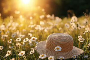 Straw hat resting in a sunlit field, a Photo by Iftikhar Alam