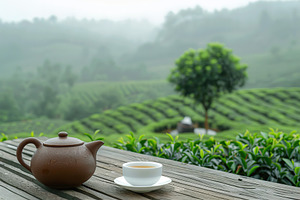 Cup of tea and teapot on wooden table on green tea plantation ba, a Food & Drink Photo by AlyaAnd