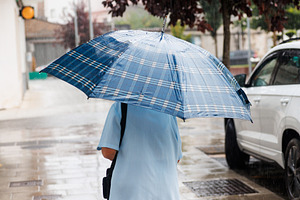 An elderly lady with Plaid Umbrella Walking in Rain, Melide, Spa