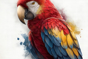 Scarlet Macaw Portrait with Rich Red Plumage and Abstract Waterc, an Animal Photo by José Manuel Gelpi