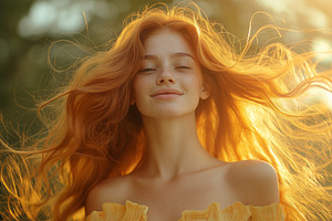 A young Caucasian woman with flowing red hair smiles warmly, illuminated by gol, a Person Photo by ImageMir
