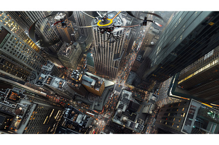 Drone Helicopter Flying Over City at, a Transportation Photo by Goinyk