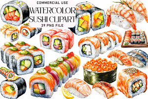 Watercolor Sushi Clipart, an Illustration by Daily.Designs