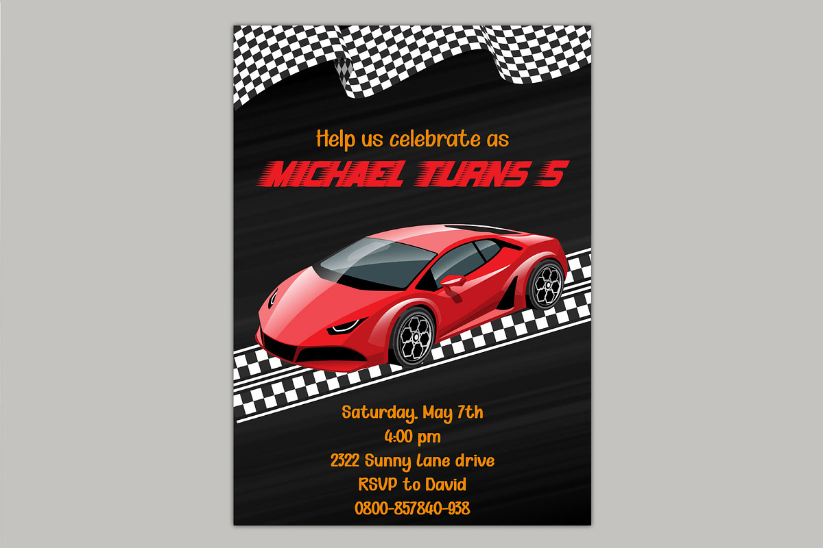 Racing Car Birthday Invitation Card, an Invitation Template by Visual Designs (Photo 2 of 3)