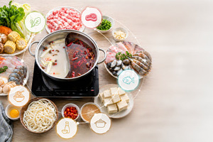 Hot pot party with assorted ingredie, a Photo by Dvoevnore photos