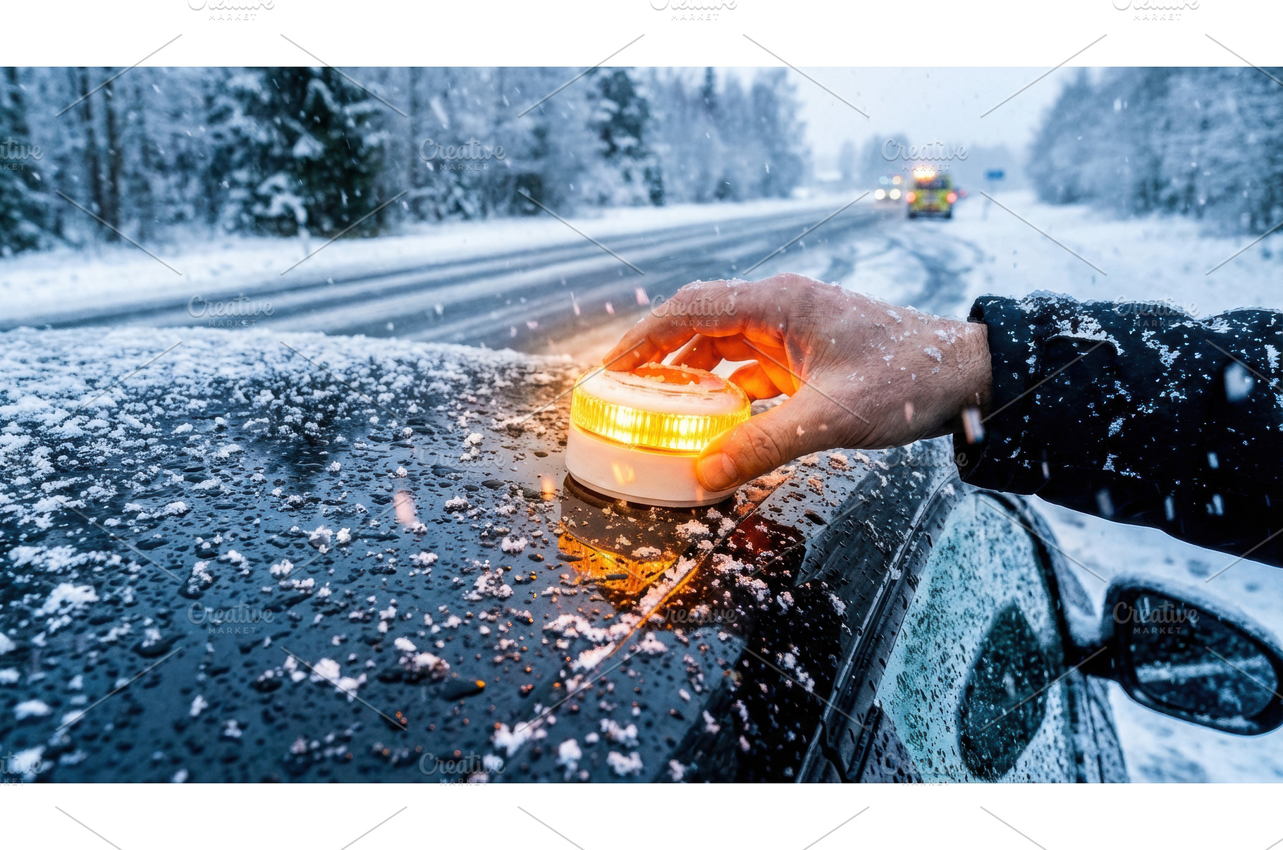 Hand places an orange flashing, a Transportation Photo by Igor Tichonow