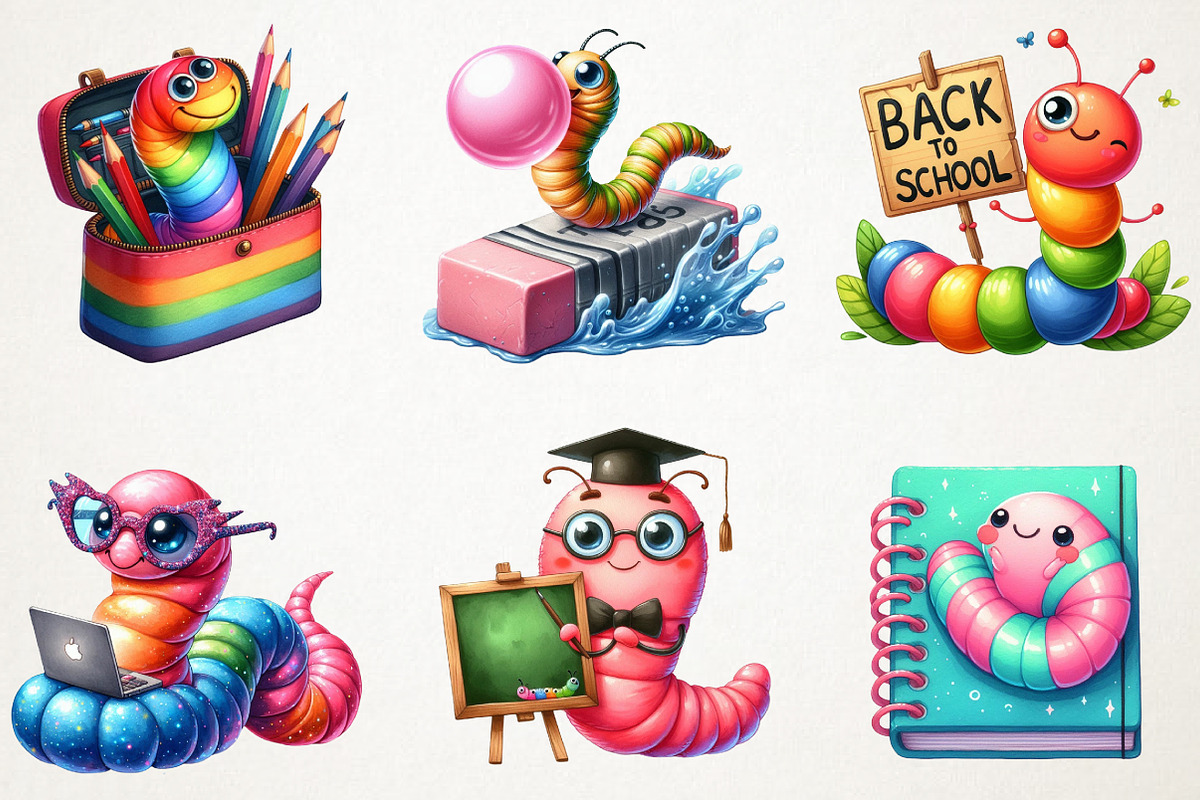 Kawaii School Worm Sublimation Png, an Illustration by RobertsArt (Photo 7 of 7)
